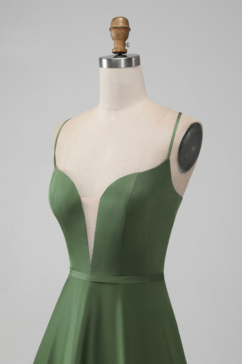 Green Satin Bridesmaid Dress with Lace Up Back