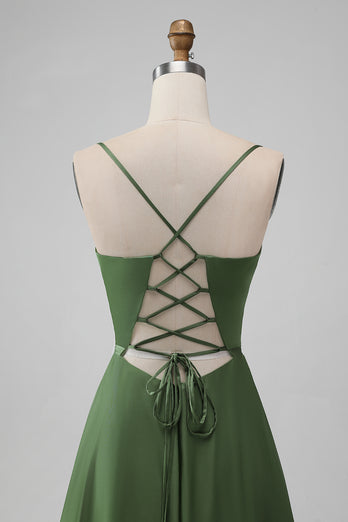 Green Satin Bridesmaid Dress with Lace Up Back