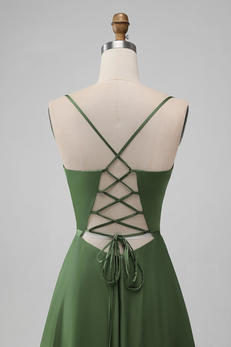 Load image into Gallery viewer, Green Satin Bridesmaid Dress with Lace Up Back