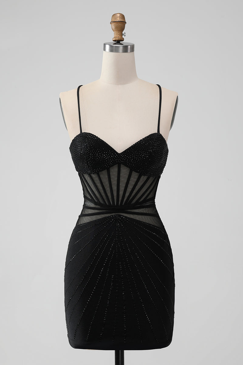 Load image into Gallery viewer, Bodycon Corset Short Black Graduation Dress with Beading