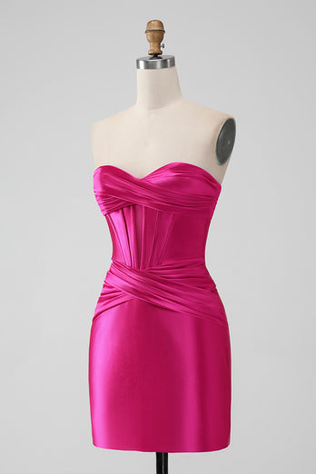 Hot Pink Strapless Corset Short Graduation Dress