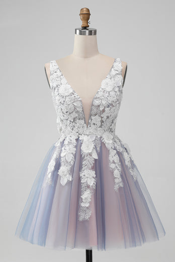 Grey Pink Tulle A Line Cute Graduation Dress with Appliques