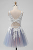 Load image into Gallery viewer, Grey Pink Tulle A Line Cute Graduation Dress with Appliques