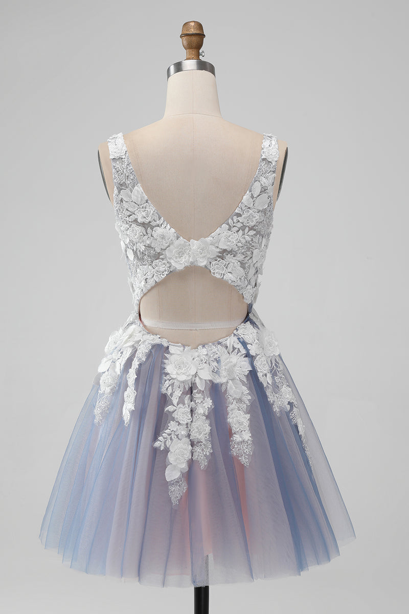 Load image into Gallery viewer, Grey Pink Tulle A Line Cute Graduation Dress with Appliques