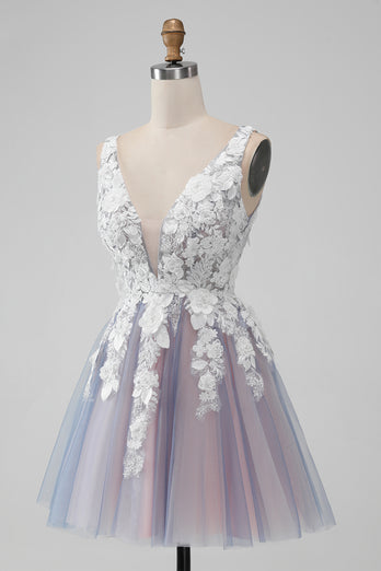 Grey Pink Tulle A Line Cute Graduation Dress with Appliques