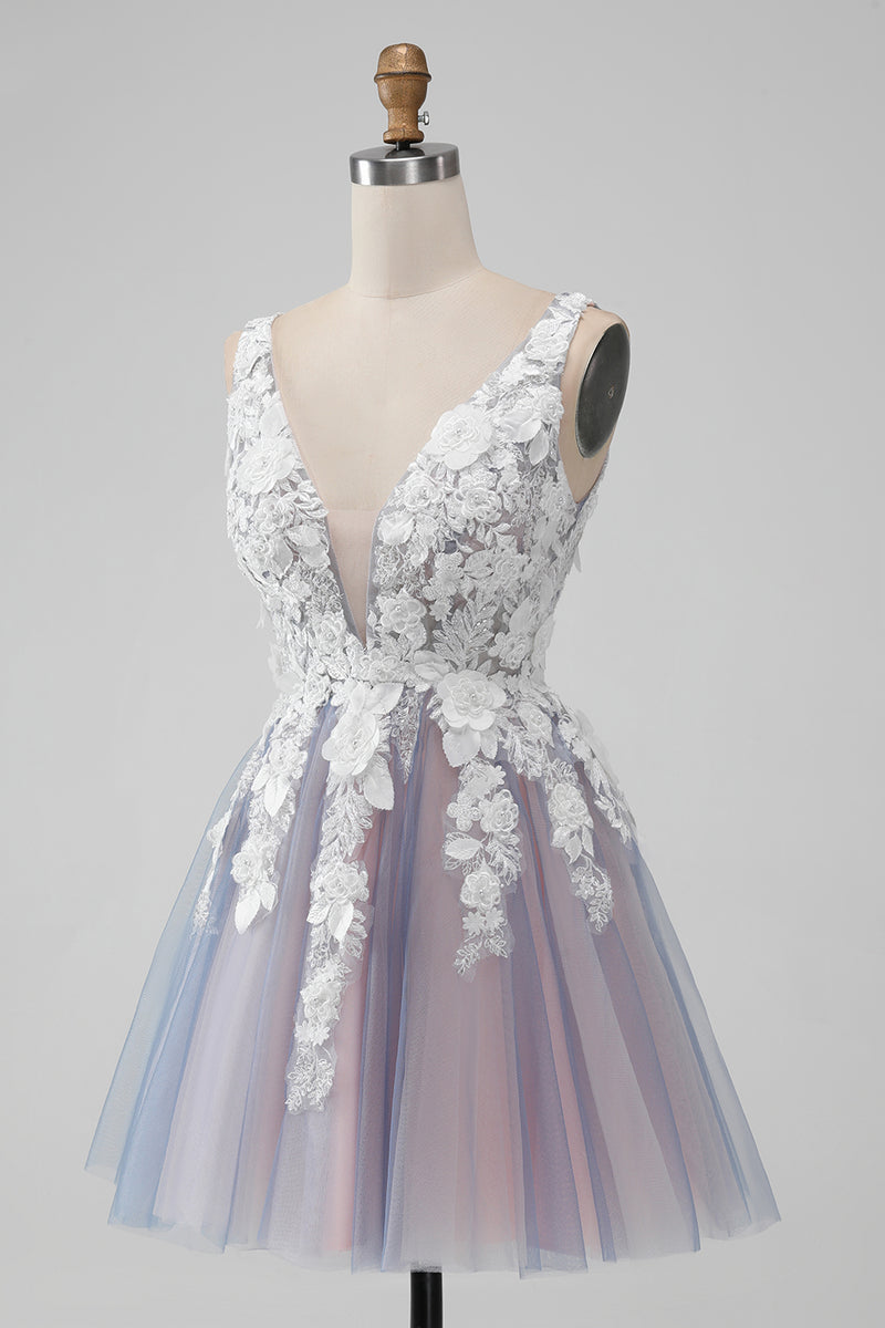 Load image into Gallery viewer, Grey Pink Tulle A Line Cute Graduation Dress with Appliques