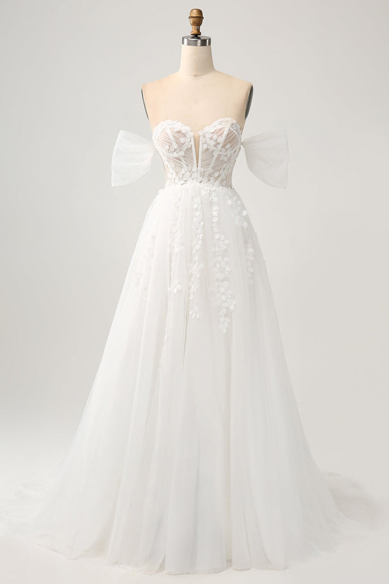 Load image into Gallery viewer, Princess Off The Shoulder Sweep Train Tulle Corset Wedding Dress with Appliques