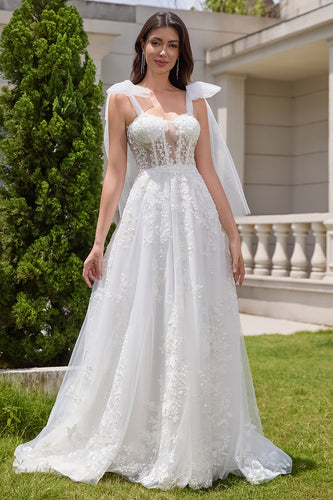 White A-Line Appliques Lace Up Tulle Corset Wedding Dress