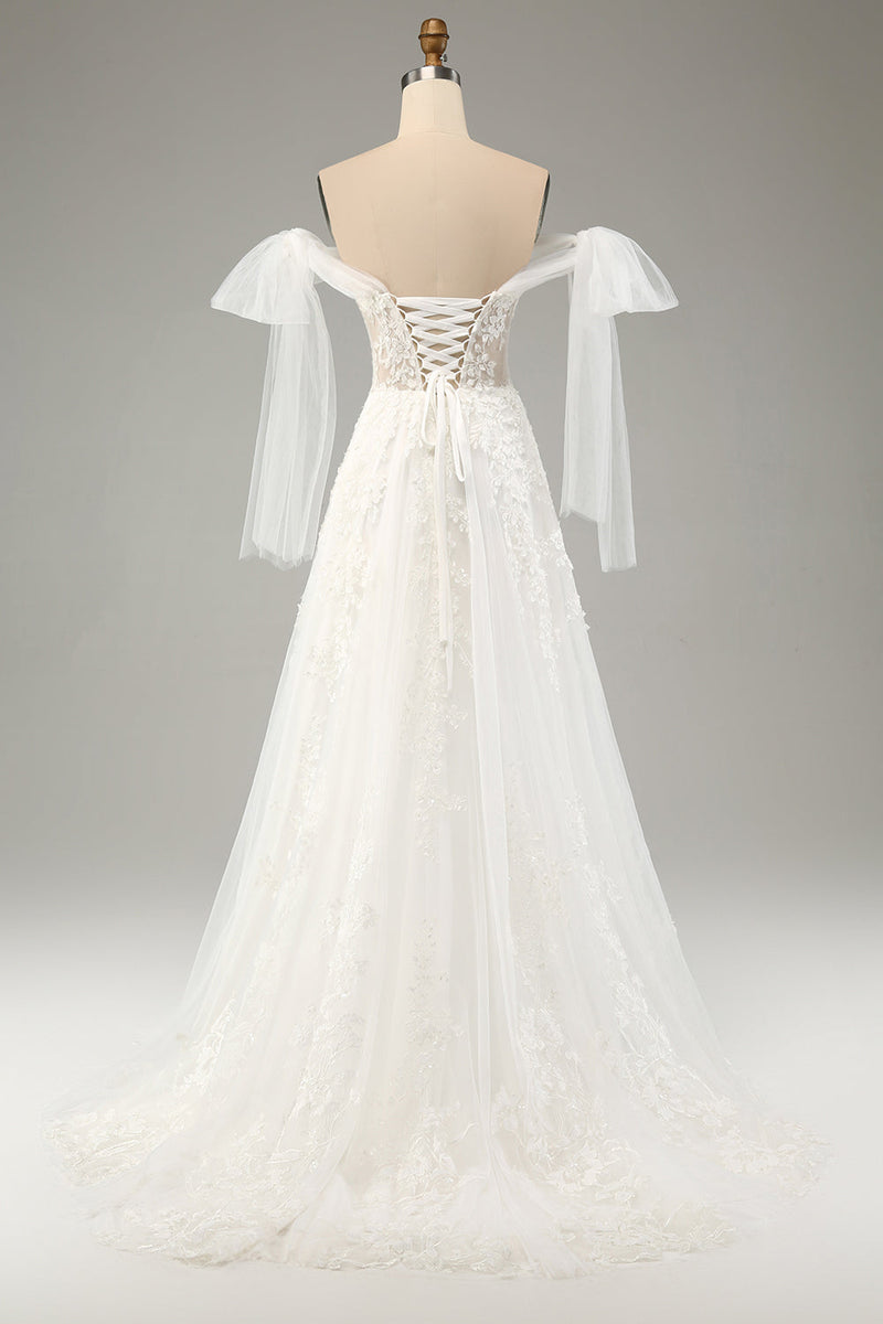 Load image into Gallery viewer, Princess White A-Line Lace Up Tulle Corset Wedding Dress with Appliques Lace