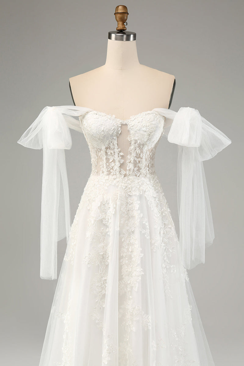 Load image into Gallery viewer, Princess White A-Line Lace Up Tulle Corset Wedding Dress with Appliques Lace