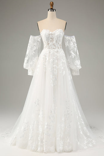 White A Line Tulle Long Sleeves Wedding Dress with Appliques Lace