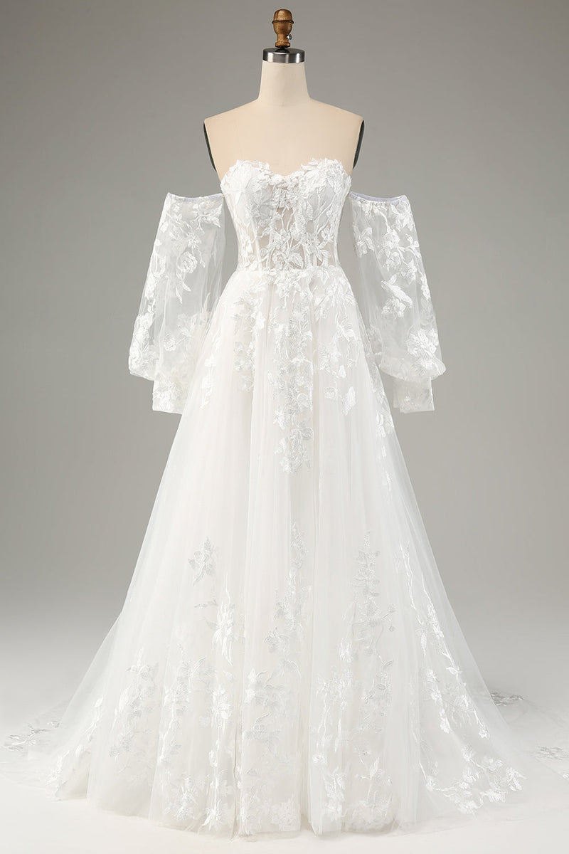 Load image into Gallery viewer, White A Line Tulle Long Sleeves Wedding Dress with Appliques Lace