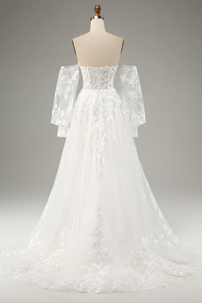 Load image into Gallery viewer, White A Line Tulle Long Sleeves Wedding Dress with Appliques Lace