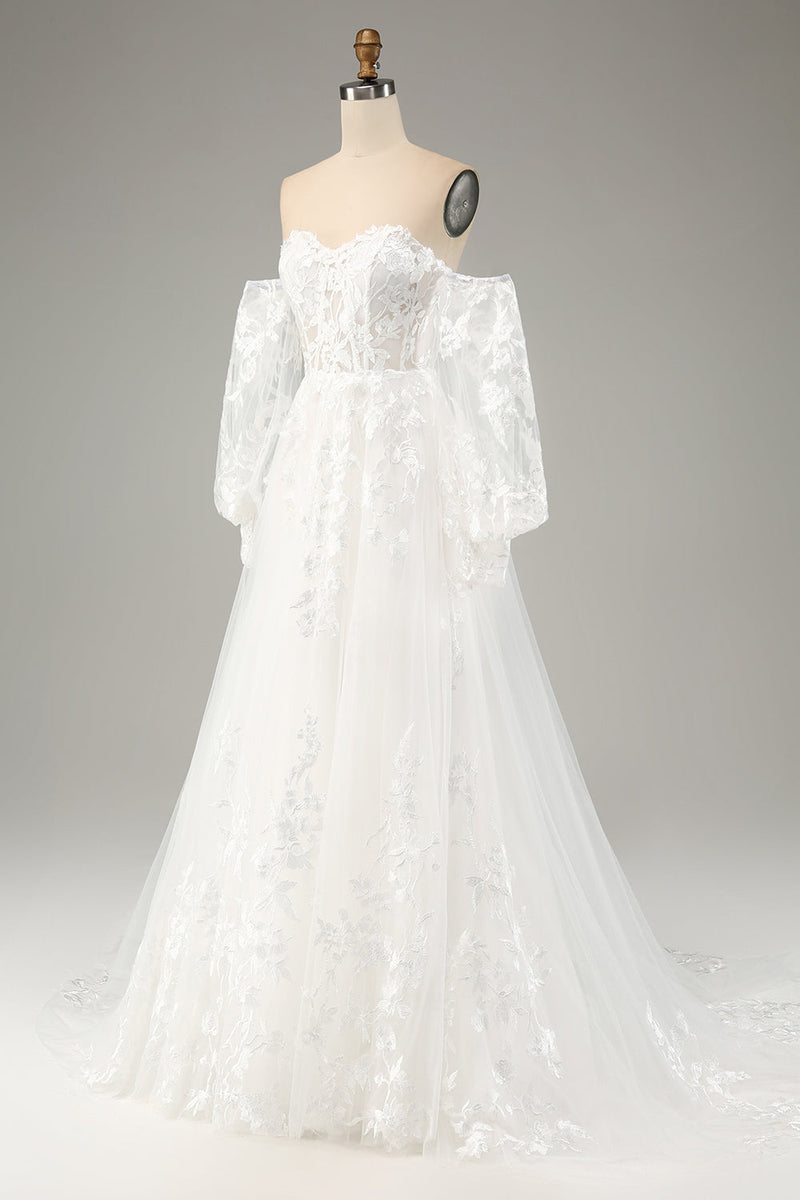 Load image into Gallery viewer, White A Line Tulle Long Sleeves Wedding Dress with Appliques Lace