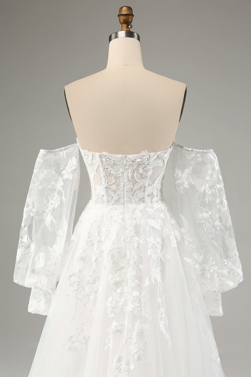 Load image into Gallery viewer, White A Line Tulle Long Sleeves Wedding Dress with Appliques Lace