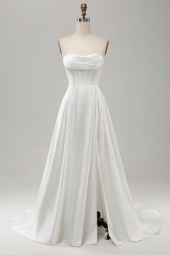 Elegant White A Line Strapless Pleated Sweep Train Bridal Dress With Split