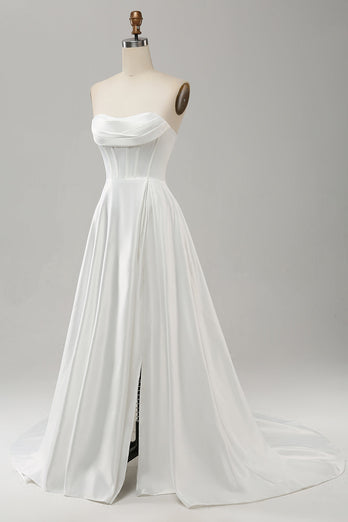 Elegant White A Line Strapless Pleated Sweep Train Bridal Dress With Split