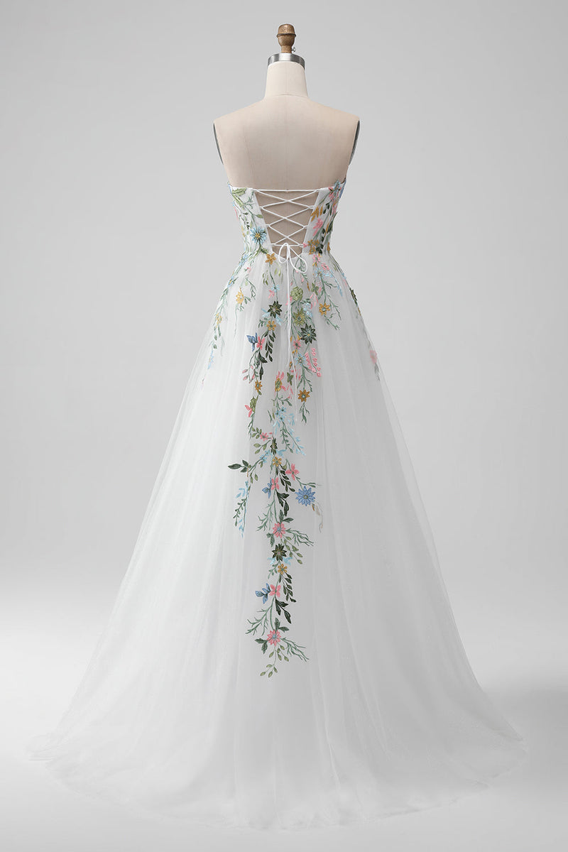 Load image into Gallery viewer, White A Line Strapless 3D Flowers Tulle Wedding Dress with Slit