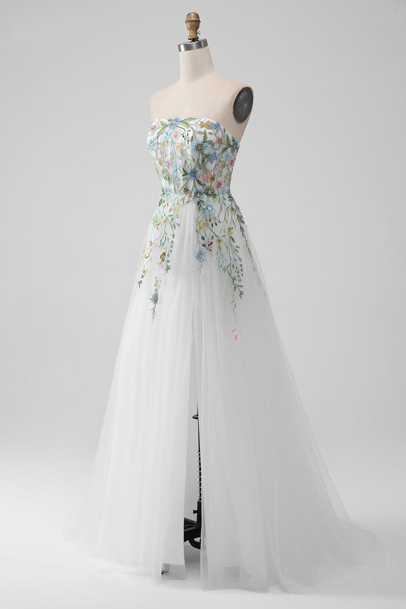 Load image into Gallery viewer, White A Line Strapless 3D Flowers Tulle Wedding Dress with Slit