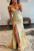 Load image into Gallery viewer, Sparkly Golden Mermaid Corset Off the Shoulder Sequins Long Prom Dress with Slit