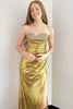 Load image into Gallery viewer, Silver Metallic Strapless Beaded Mermaid Long Prom Dress with Slit