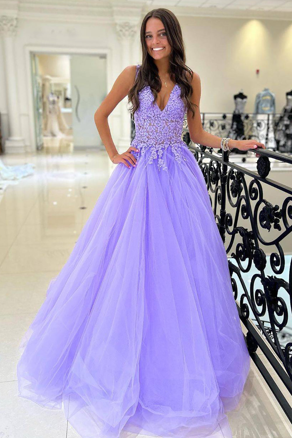 Purple A Line Tulle Long Prom Dress with Appliques