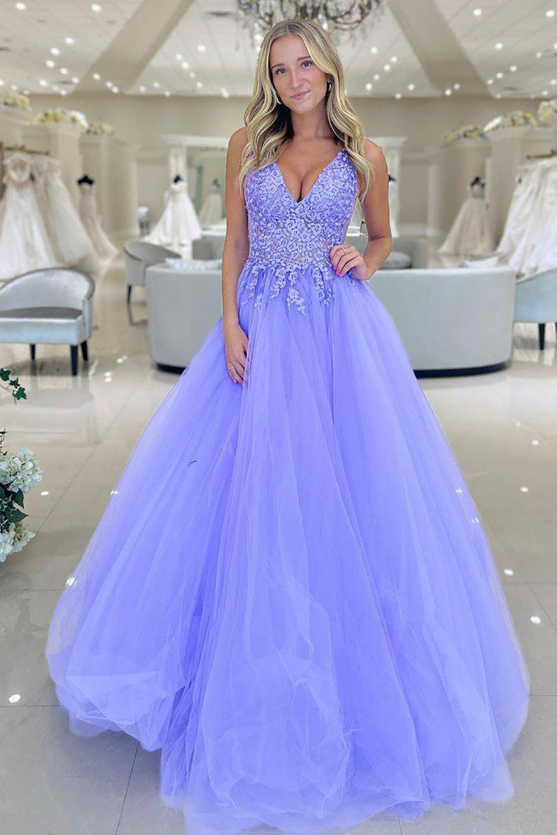 Load image into Gallery viewer, Purple A Line Tulle Long Prom Dress with Appliques