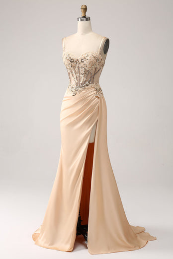 Elegant Champagne Mermaid Pleated Satin Prom Dress With Appliques