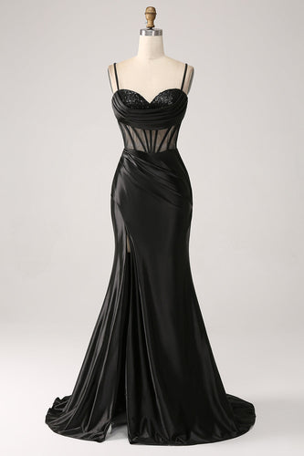 Mermaid Sweetheart Black Satin Long Prom Dress With Beading