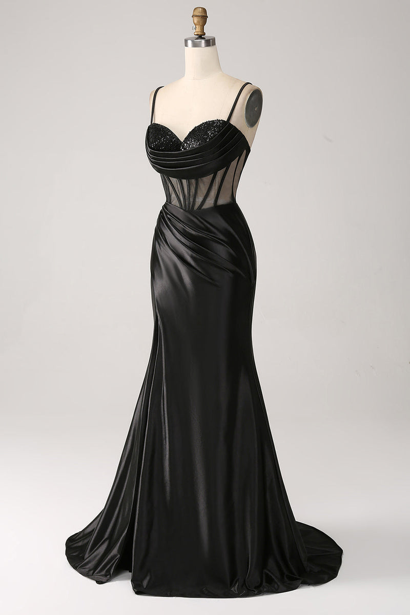 Load image into Gallery viewer, Mermaid Sweetheart Black Satin Long Prom Dress With Beading