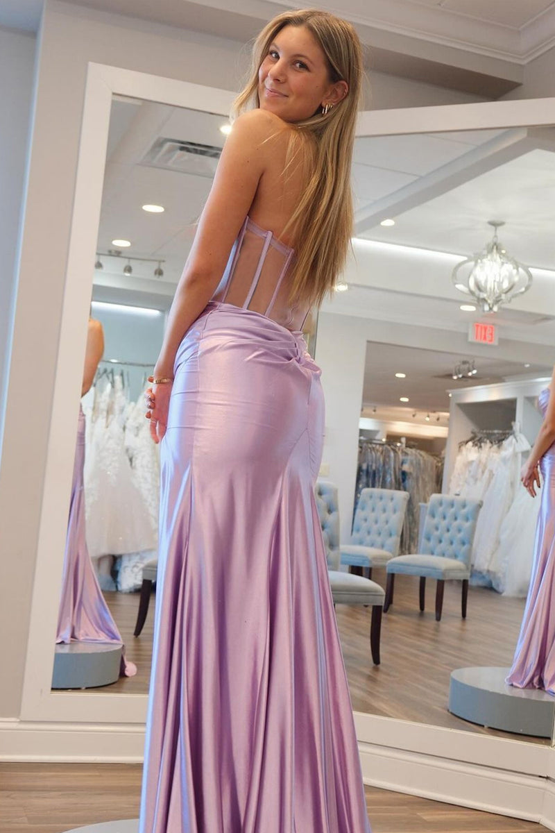 Load image into Gallery viewer, Lilac Pleated Strapless Corset Prom Dress with Slit