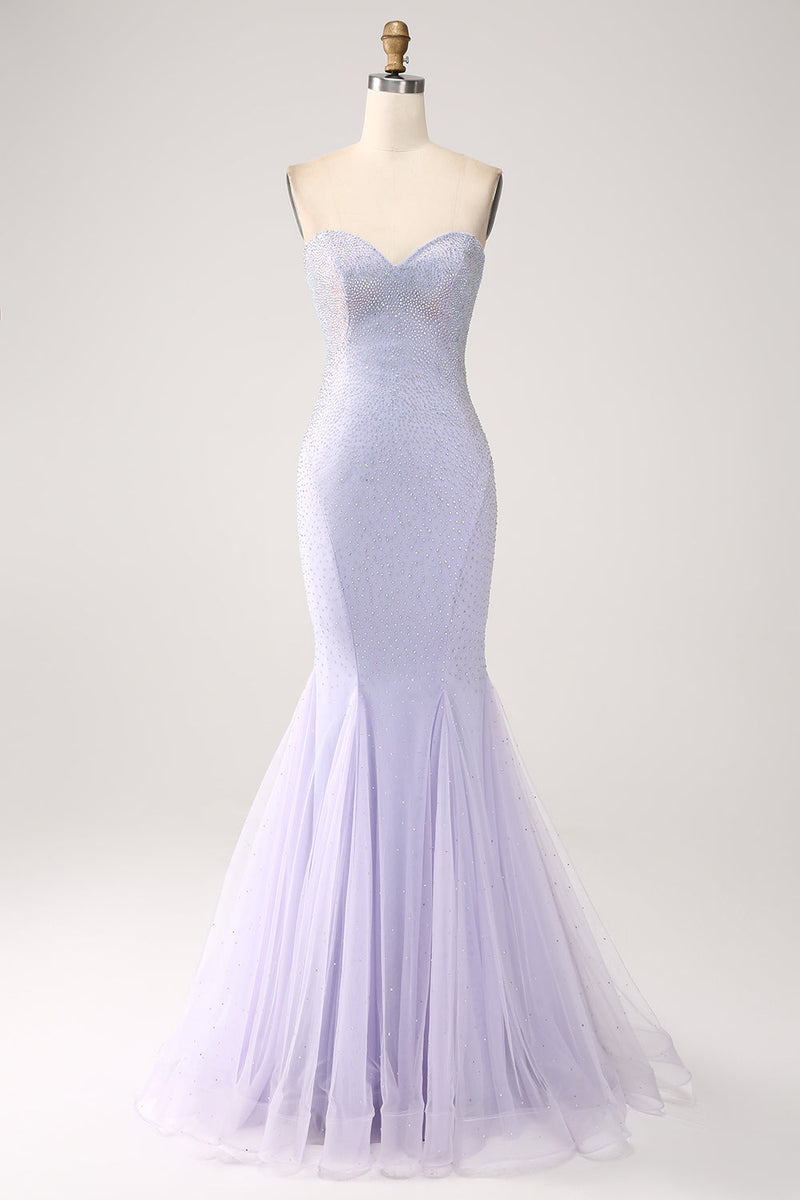 Load image into Gallery viewer, Lilac Mermaid Sweetheart Strapless Beaded Long Prom Dress