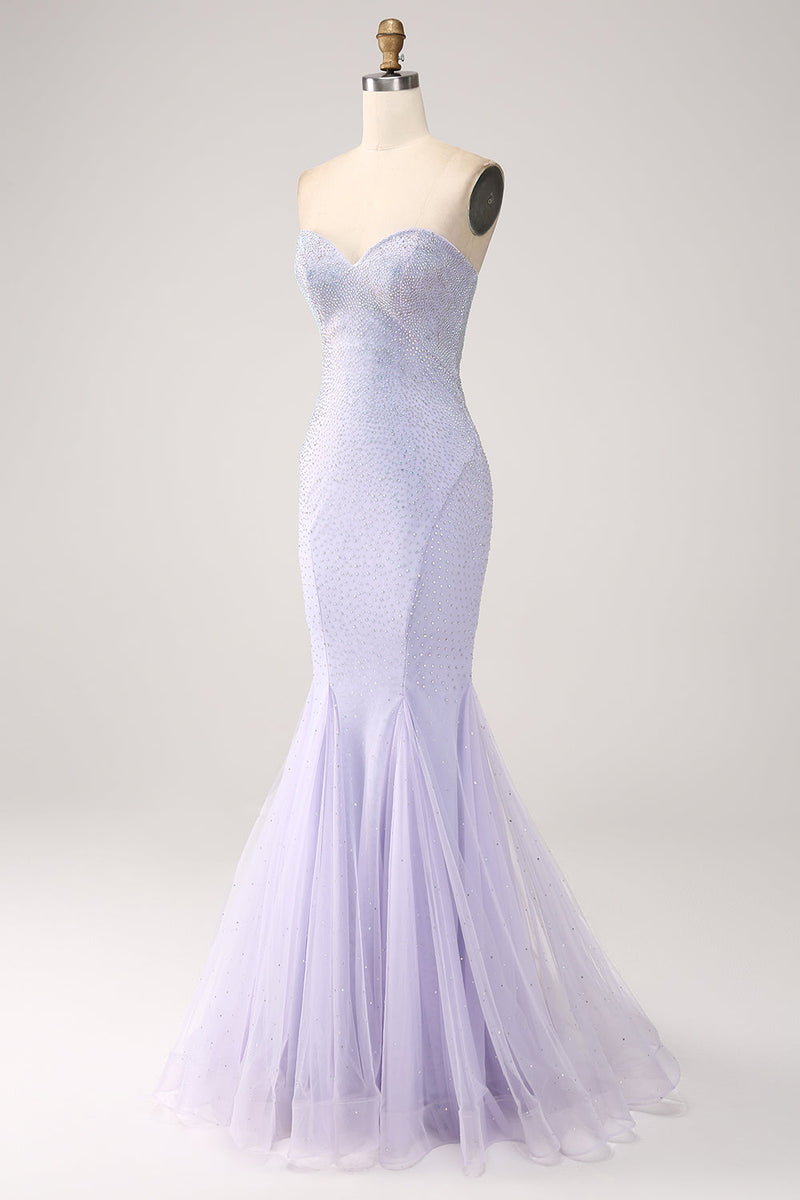 Load image into Gallery viewer, Lilac Mermaid Sweetheart Strapless Beaded Long Prom Dress