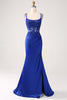 Load image into Gallery viewer, Royal Blue Mermaid Corset Beaded Long Prom Dress with Slit