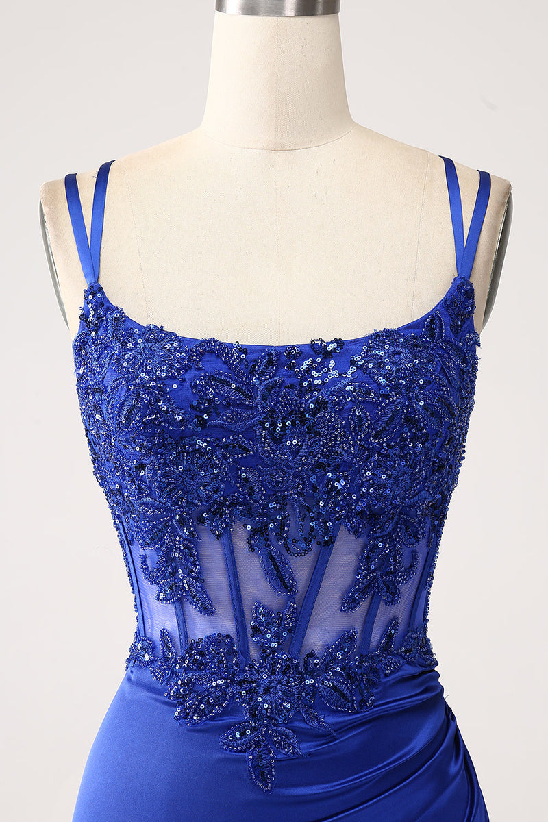 Load image into Gallery viewer, Royal Blue Mermaid Corset Beaded Long Prom Dress with Slit