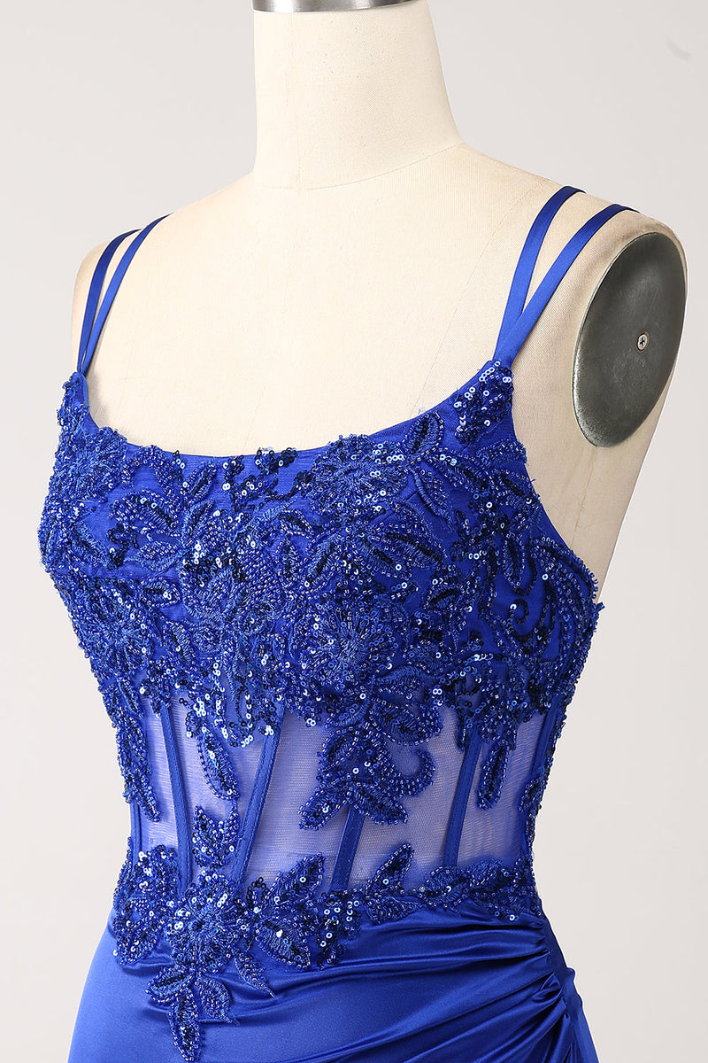 Load image into Gallery viewer, Royal Blue Mermaid Corset Beaded Long Prom Dress with Slit