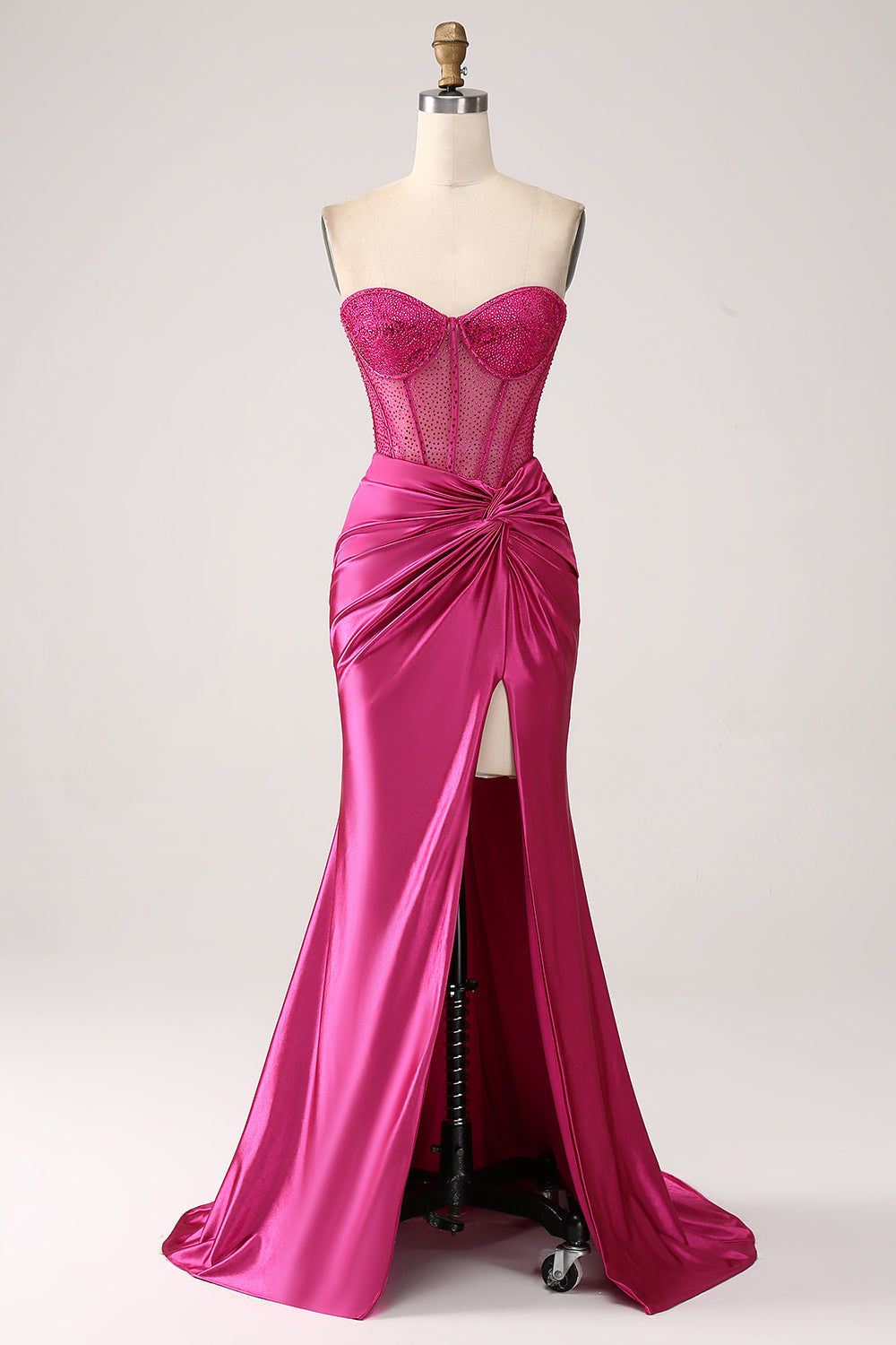 Fuchsia Mermaid Sweetheart Pleated Long Corset Satin Prom Dress With Slit