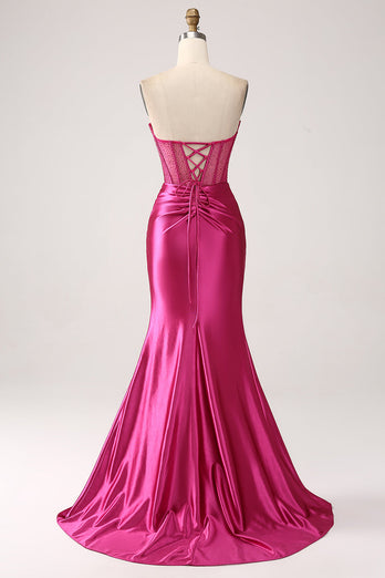 Fuchsia Mermaid Sweetheart Pleated Long Corset Satin Prom Dress With Slit