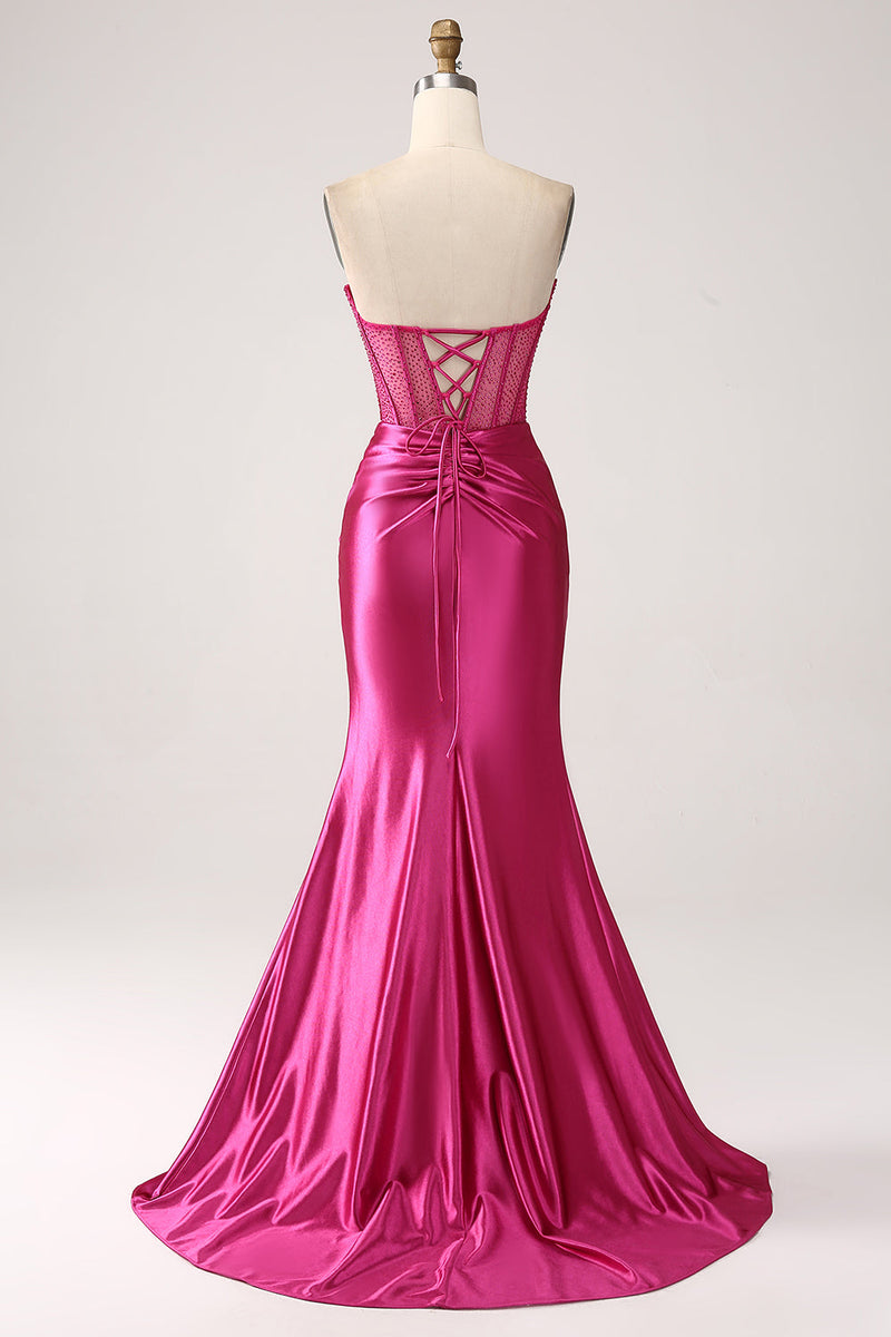 Load image into Gallery viewer, Fuchsia Mermaid Sweetheart Pleated Long Corset Satin Prom Dress With Slit