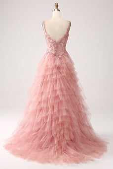 Blush A-Line Spaghetti Straps Tiered Tulle Corset Long Prom Dress