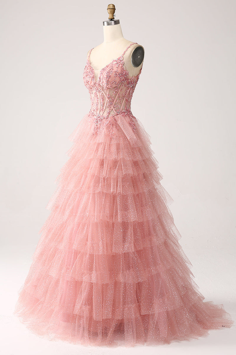 Load image into Gallery viewer, Blush A-Line Spaghetti Straps Tiered Tulle Corset Long Prom Dress