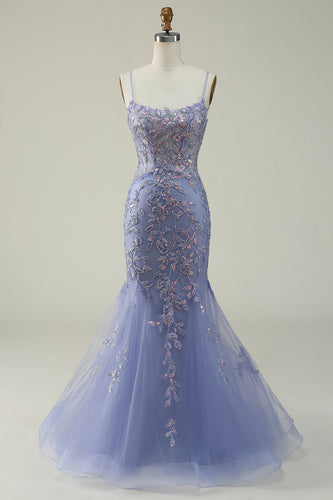 Beaded Purple Tulle Mermaid Prom Dress with Appliques