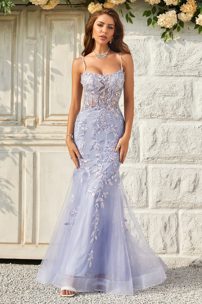 Load image into Gallery viewer, Purple Tulle Beaded Mermaid Prom Dress with Appliques