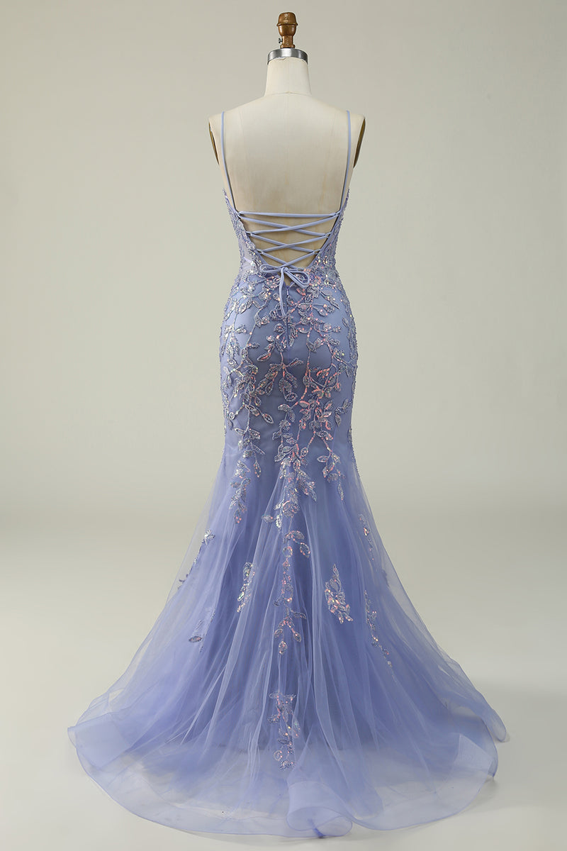 Load image into Gallery viewer, Beaded Purple Tulle Mermaid Prom Dress with Appliques