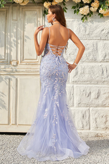 Purple Tulle Beaded Mermaid Prom Dress with Appliques