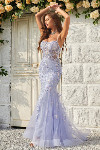 Purple Tulle Beaded Mermaid Prom Dress with Appliques