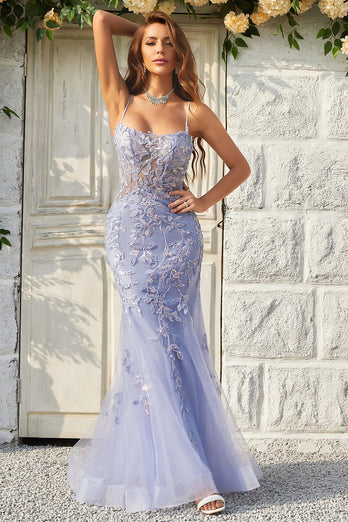 Purple Tulle Beaded Mermaid Prom Dress with Appliques