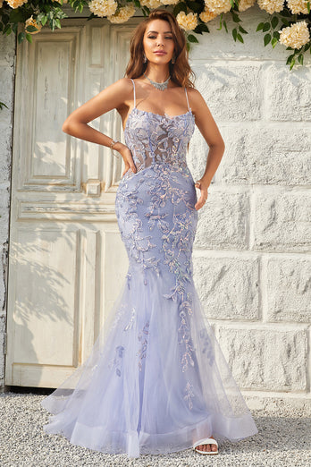 Purple Tulle Beaded Mermaid Prom Dress with Appliques