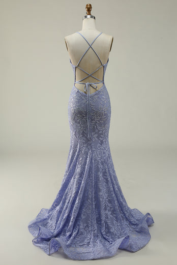 Purple Lace Mermaid Prom Dress with Slit