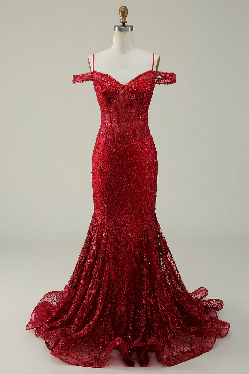 Load image into Gallery viewer, Off the Shoulder Burgundy Mermaid Corset Prom Dress with Sequins